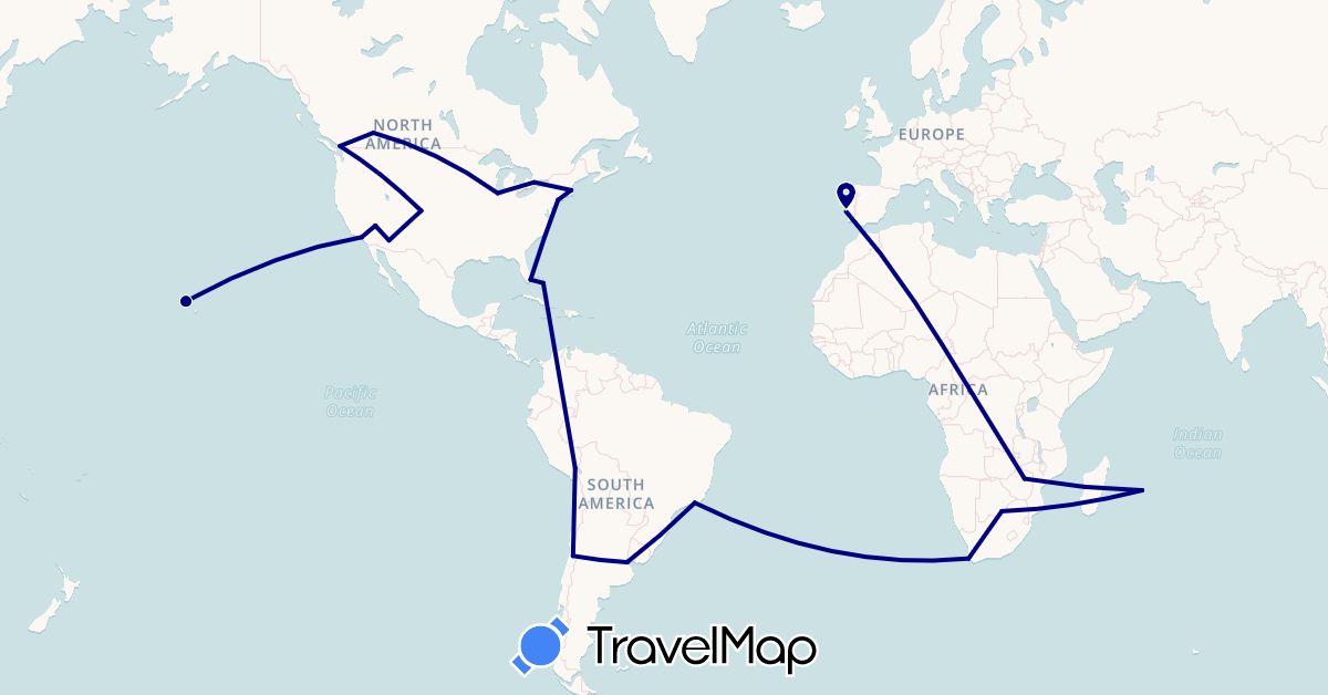 TravelMap itinerary: driving in Argentina, Brazil, Bahamas, Botswana, Canada, Chile, Mauritius, Peru, Portugal, United States, South Africa, Zimbabwe (Africa, Europe, North America, South America)